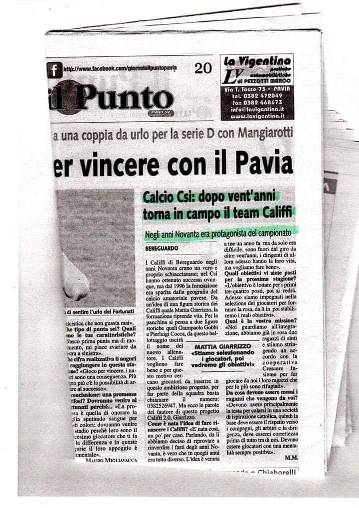 Articolo del quotidiano locale "La Provincia Pavese" che annuncia la rinascita dei Califfi